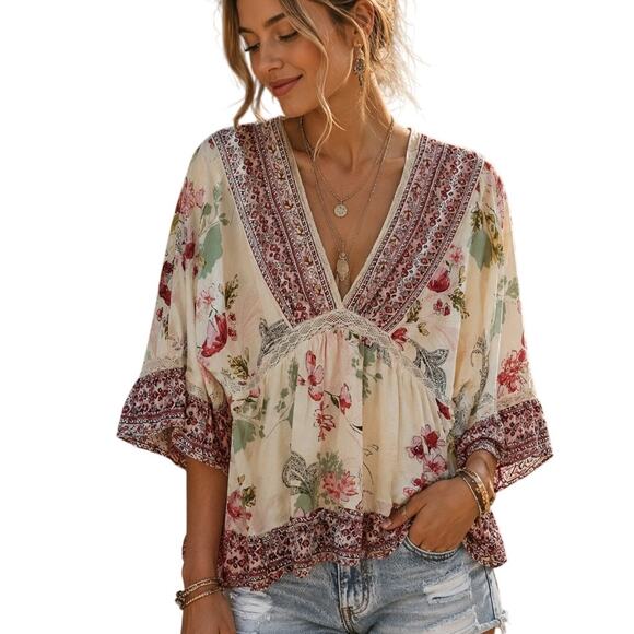 Angie Tops - Angie Floral Babydoll Top Womens Small Ivory Pink Mixed Print Boho Cottagecore